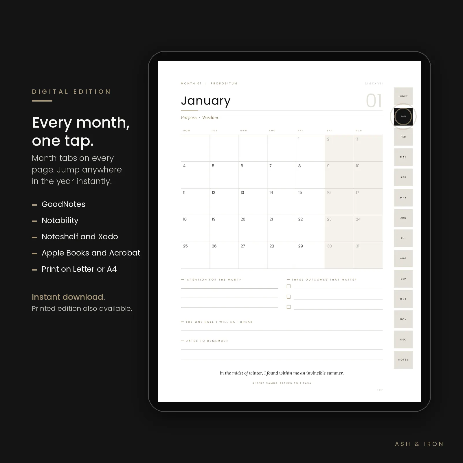 Digital 2027 Stoic calendar on iPad with hyperlinked month tabs