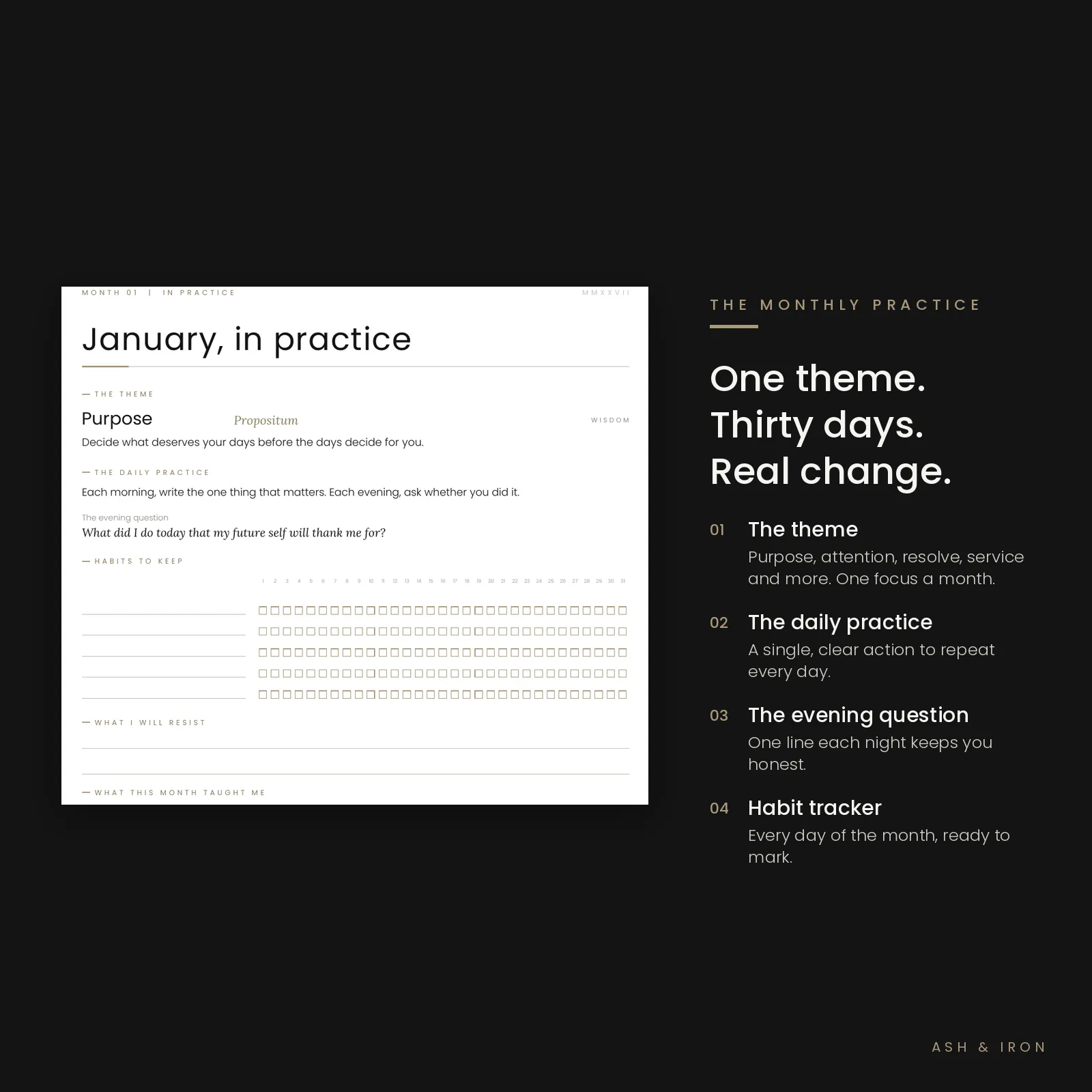 Stoic calendar monthly practice page with theme, daily practice, evening question and habit tracker