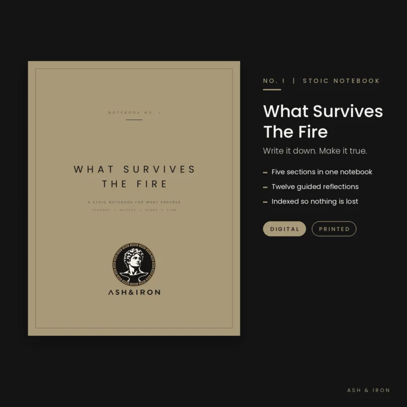 What Survives The Fire Stoic notebook cover by Ash and Iron