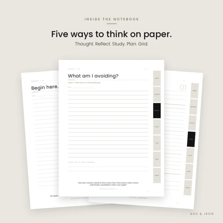 Inside the Stoic notebook: lined thought pages, guided reflection and Cornell study pages