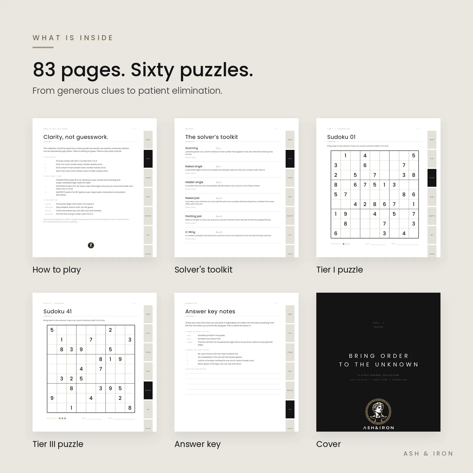 What is inside the 83 page Stoic sudoku book: sixty puzzles in three tiers