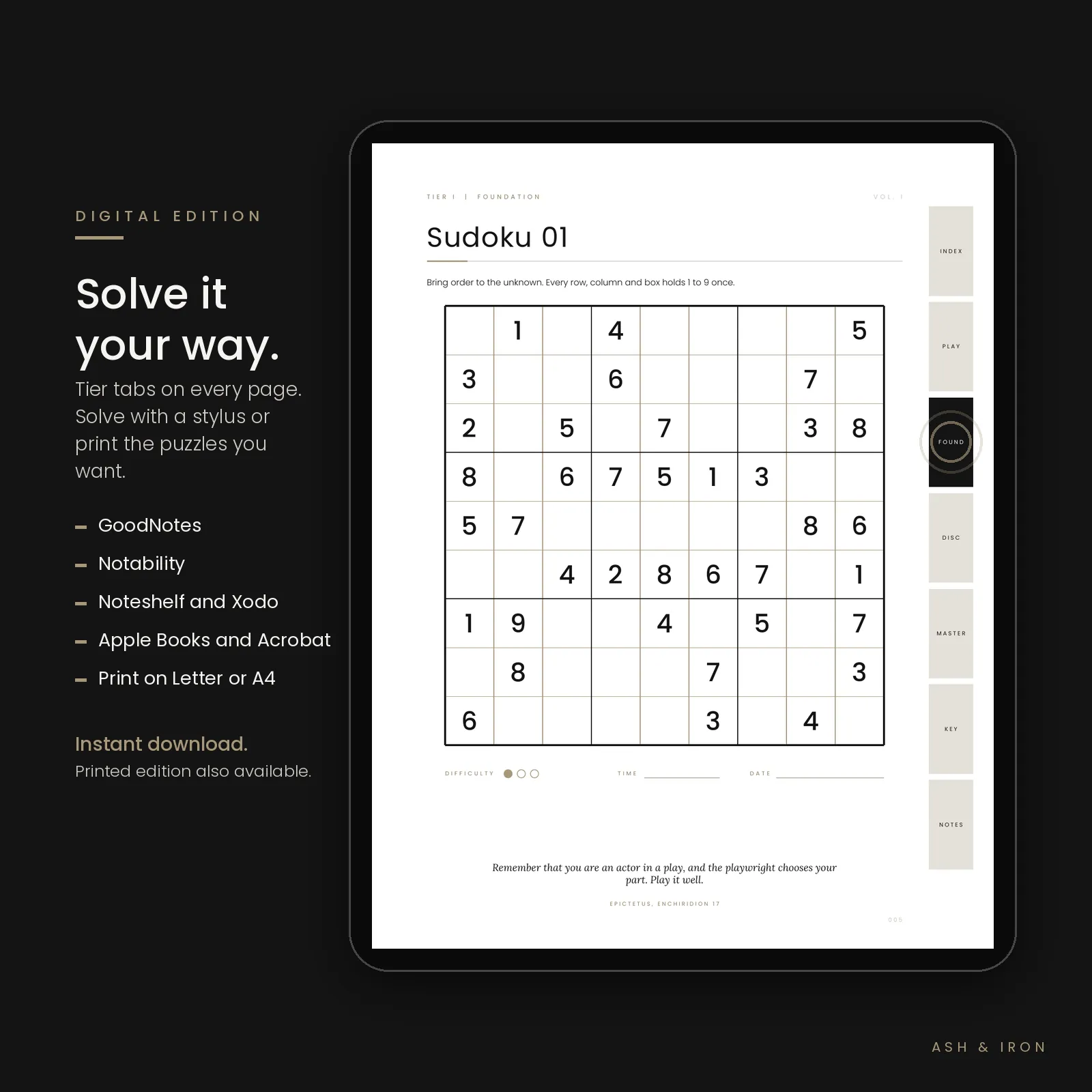 Digital Stoic sudoku on iPad with hyperlinked tier tabs